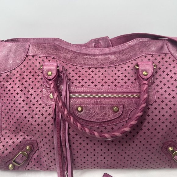 BALENCIAGA Purple Pink Perforated Fuchsia Leather GIANT GOLD HW MINI CITY BAG - Picture 1 of 15